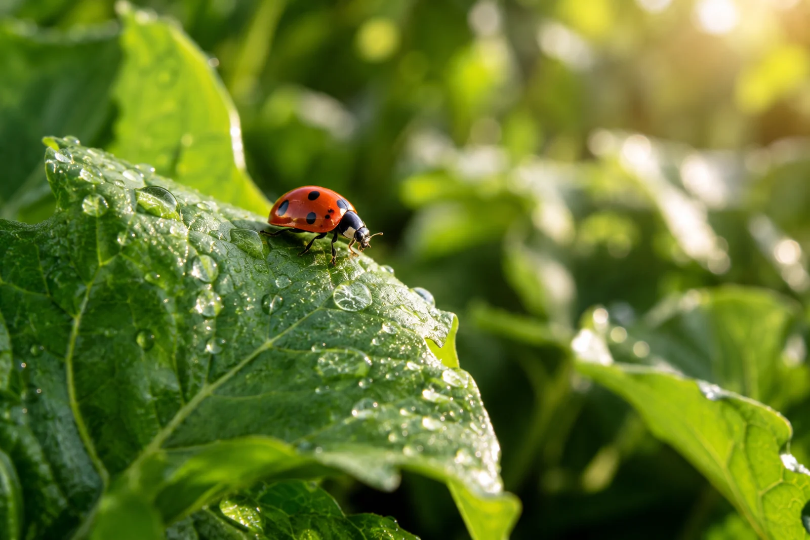 A ladybird resting on a dew-covered green leaf