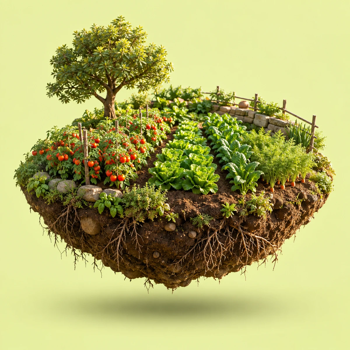 Illustrative farm ecosystem showing roots beneath a cultivated field