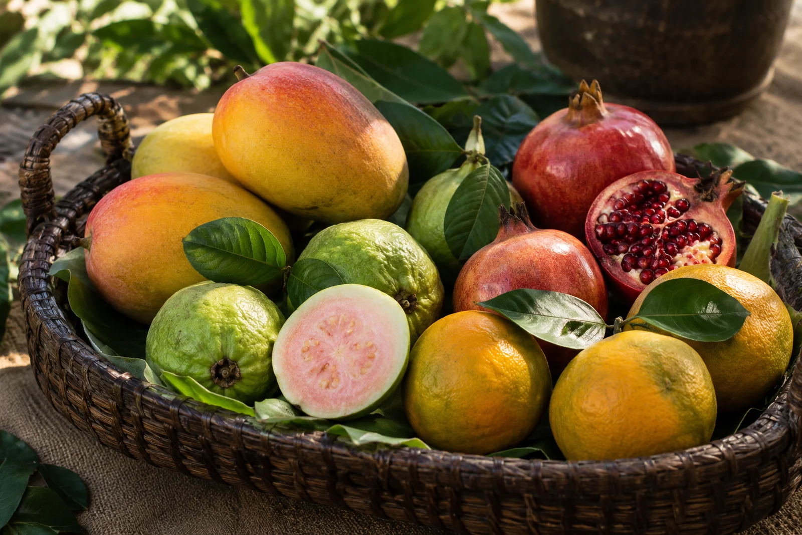 Seasonal Indian fruits arranged in a woven tray