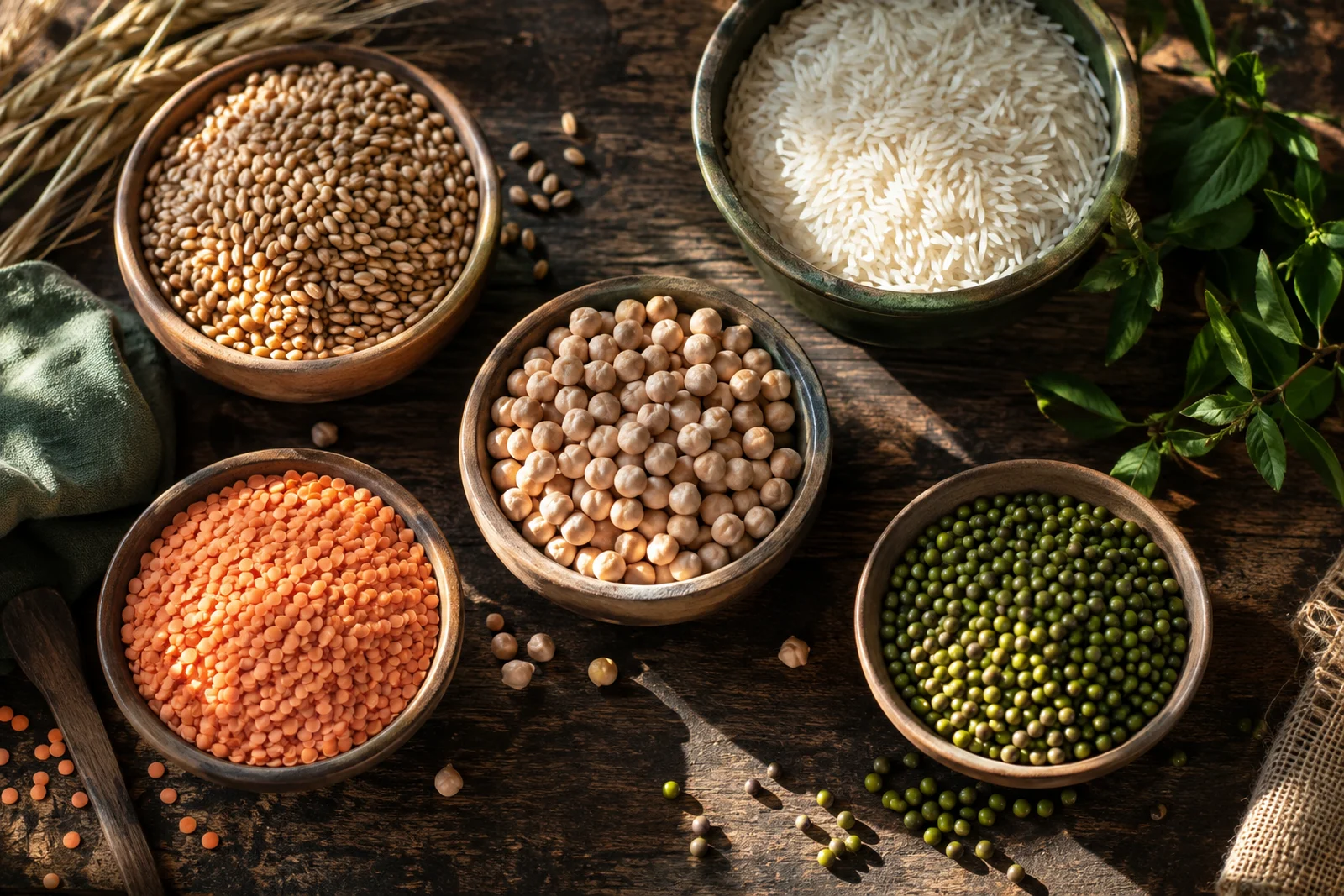 Grains and pulses in rustic bowls