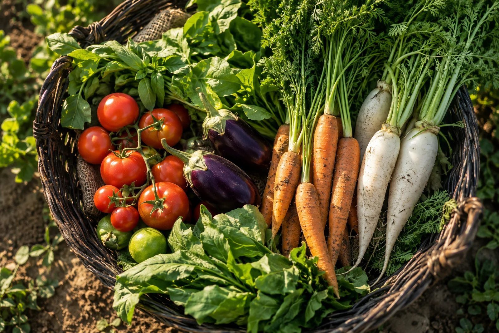 A woven basket filled with colourful freshly harvested vegetables