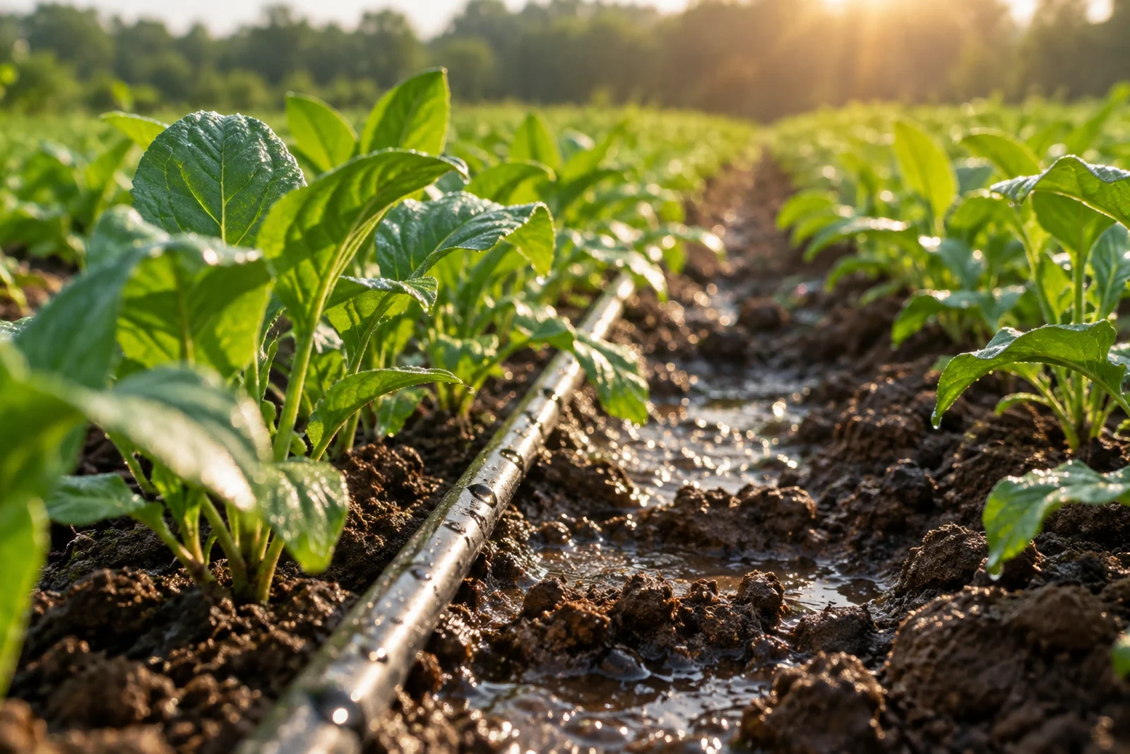 Drip irrigation beside rows of young crops in moist soil