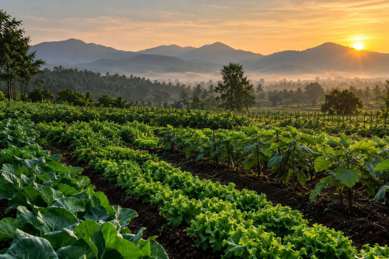 Sunrise over lush vegetable fields and distant hills