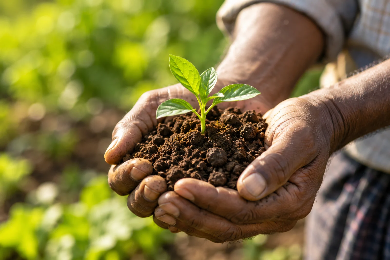 Hands holding rich soil and a young green seedling